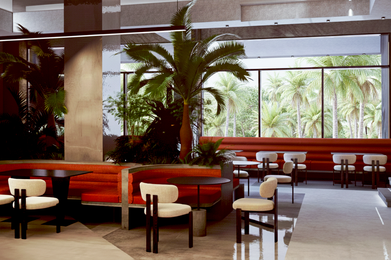 El Weras open dining hall with red banquette seating and tropical palms
