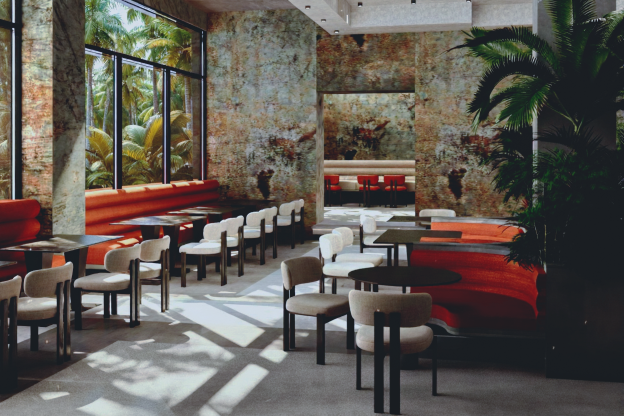 El Weras open dining hall with oxidised stone walls and natural light