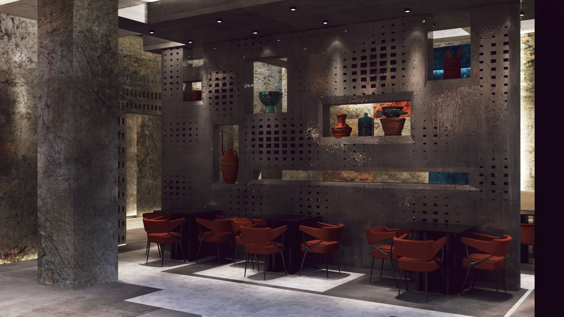 El Weras artisan bar with perforated metal screens and pottery display