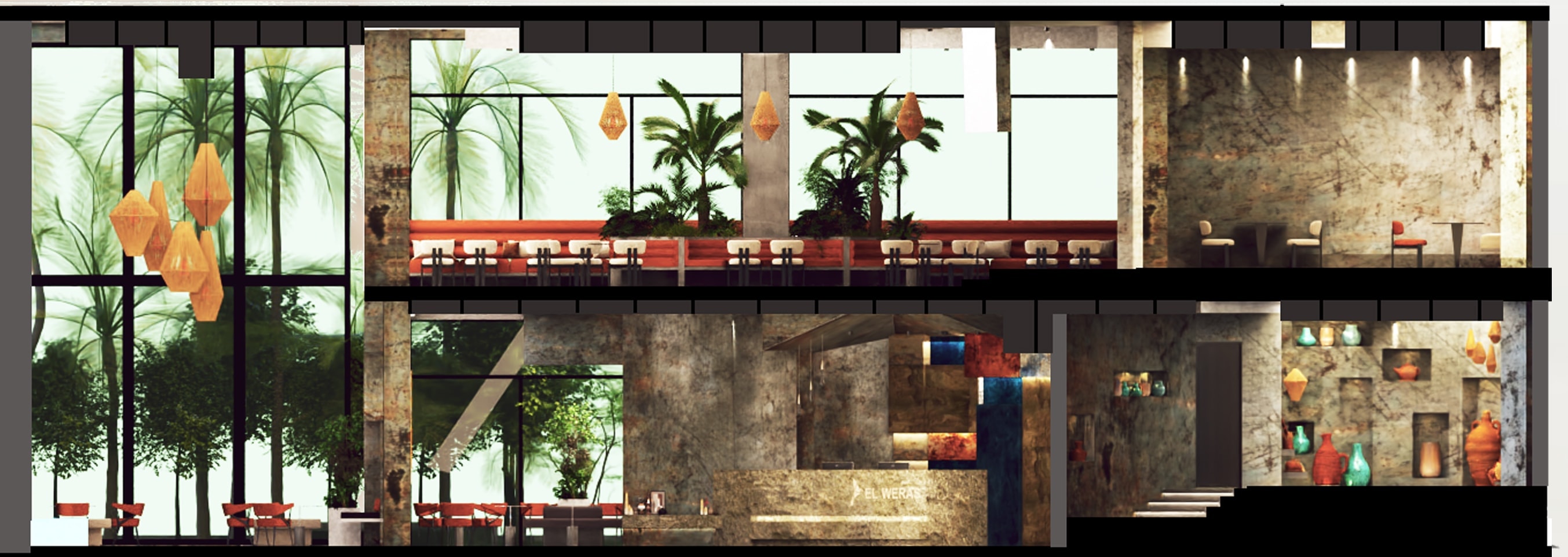 El Weras cross-section architectural drawing showing atrium mural and all hotel zones