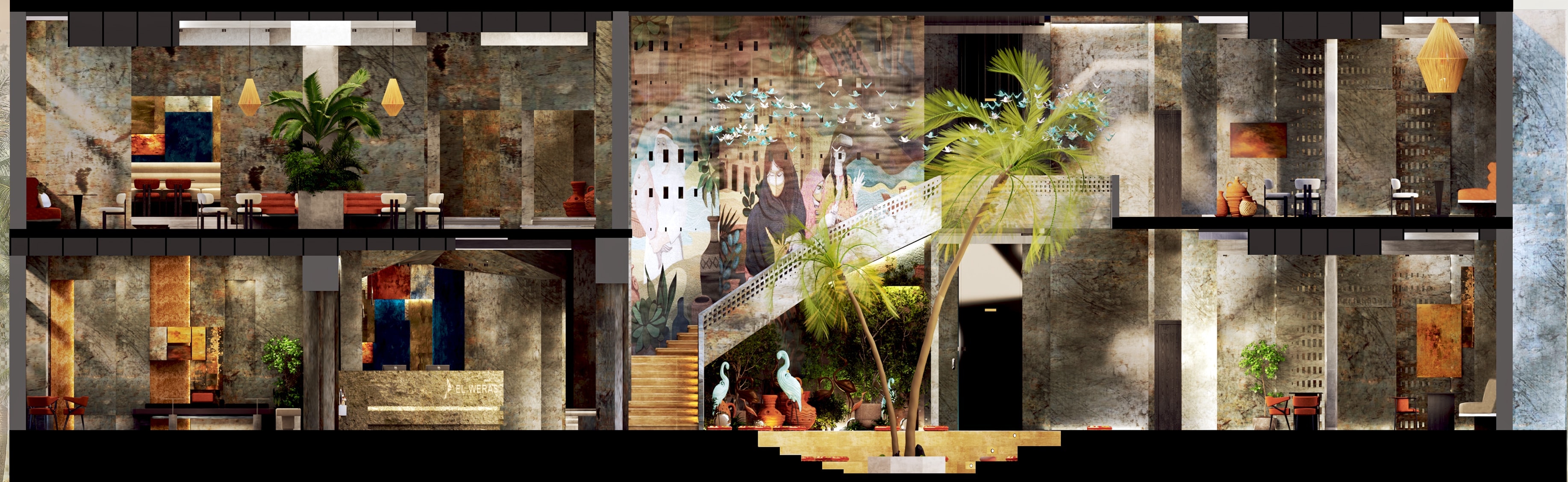 El Weras garden terrace lounge with rust chairs and tropical garden